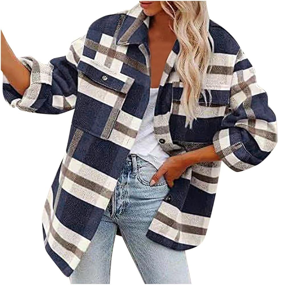 ジャケット・アウター Plaid Shacket Jacket For Women Button Casual Women's Plaid Flannel Shacket Jackets Long Sleeve